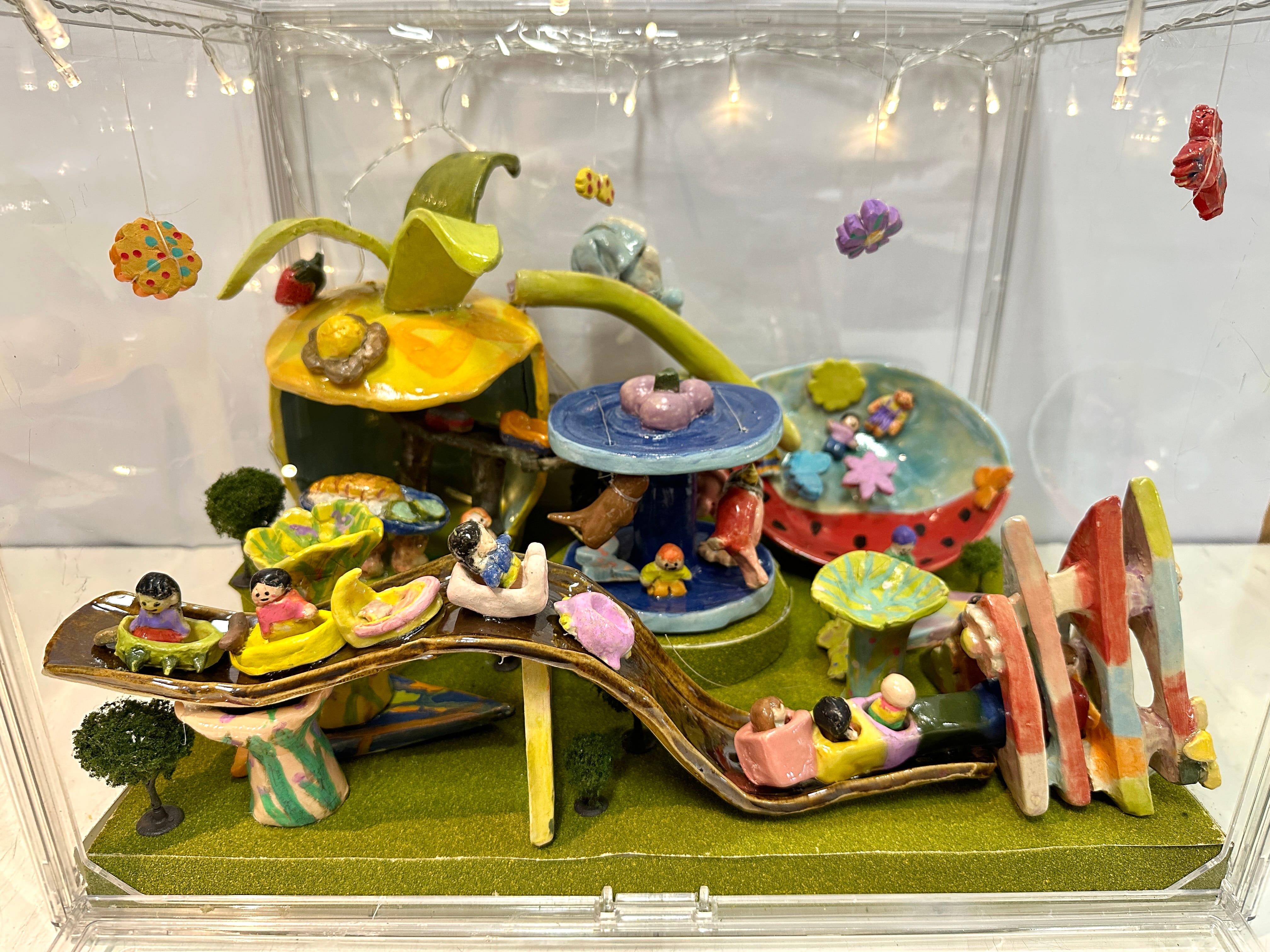 A photo of a collection of small sculptures by Anis (5 Excellence), Falisha (5 Diligence), Nurin Jazlina (5 Confidence), Raanya (5 Confidence), Arissa (6 Diligence), Ashlee (6 Diligence), Ashlynn (6 Integrity), Jerlyn (6 Diligence), Qadriyah (5 Excellence) and Yumeng (6 Respect)